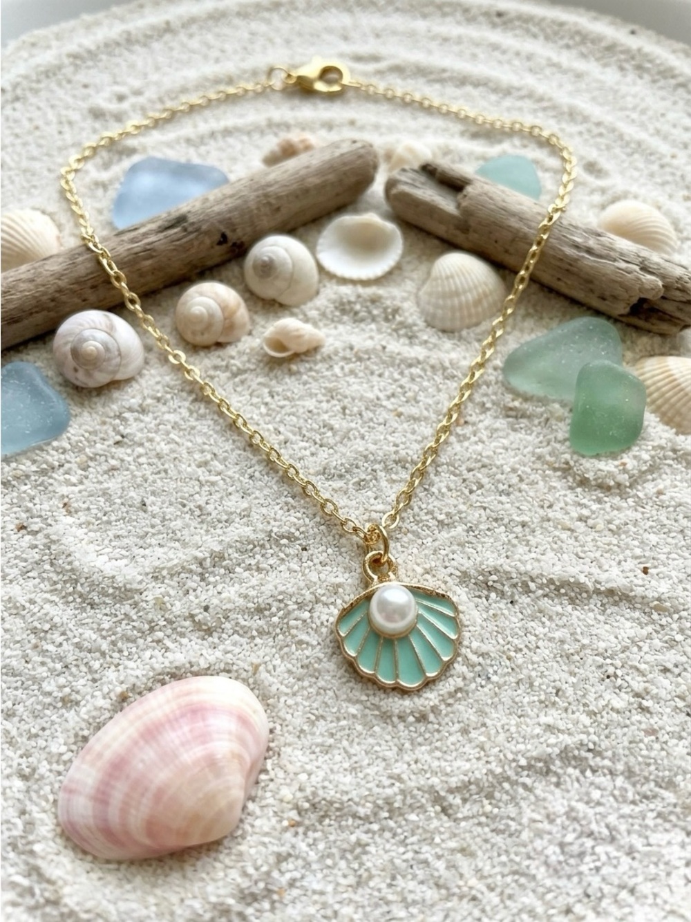 Gold Plated Shell Pendant Necklace with Mint Green Enamel and Pearl